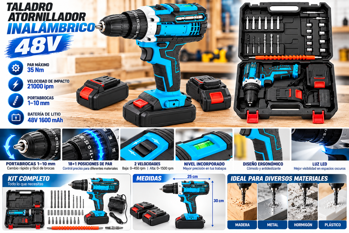 Taladro Atornillador Inalámbrico 48V con Maletín