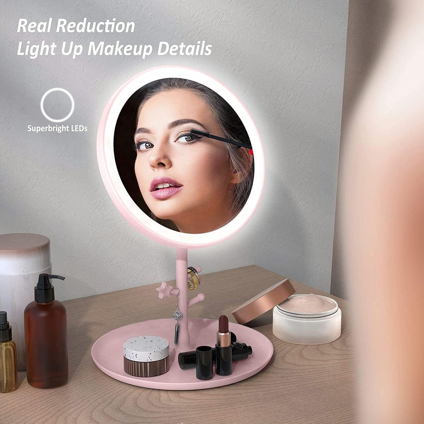 Espejo de Maquillaje con Luz LED Recargable Rosa MK06 - 1 - Marina Hogar