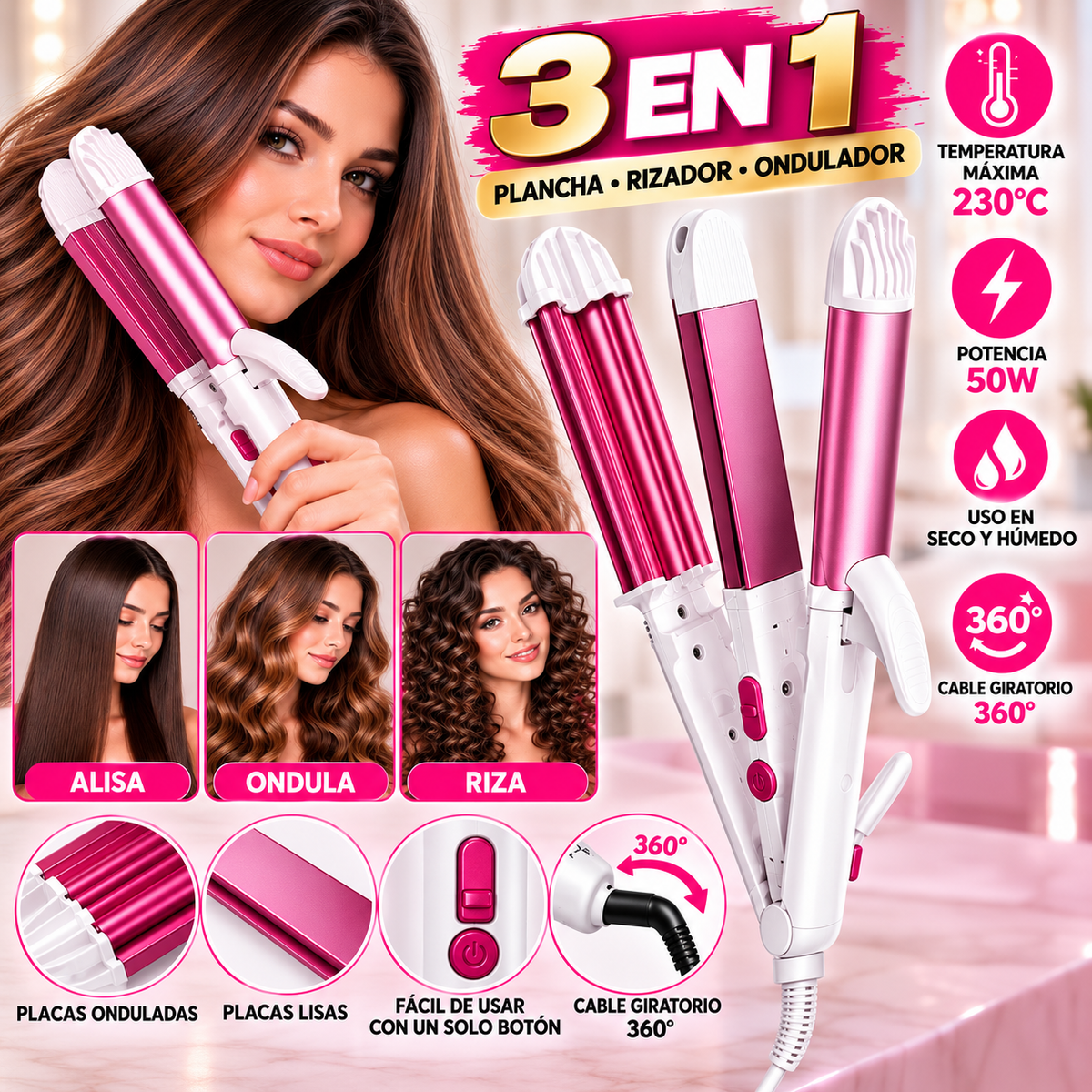 Plancha de Pelo 3 en 1, Rizador y Ondulador de Pelo, 50W,