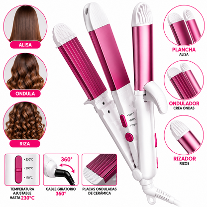 Plancha de Pelo 3 en 1, Rizador y Ondulador de Pelo, 50W,