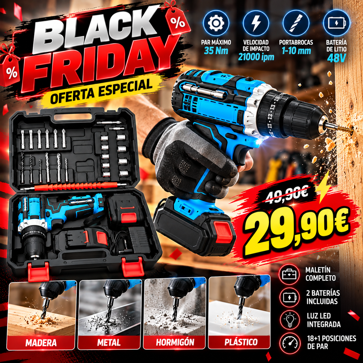 Taladro Atornillador Inalámbrico 48V con Maletín