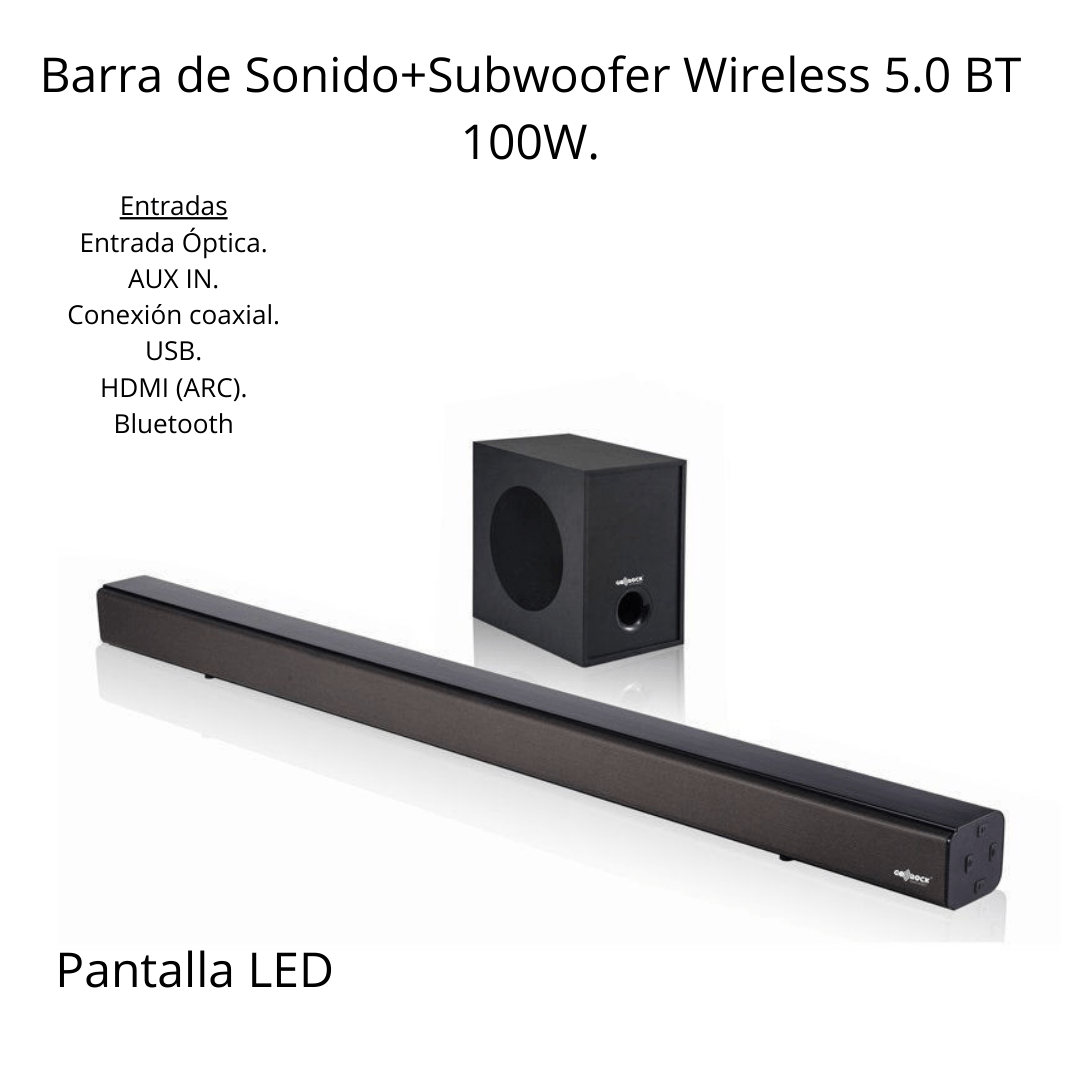 Barra de Sonido+Subwoofer Wireless 5.0 100W. Home Cinema - Marina Hogar