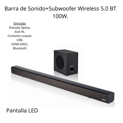 Barra de Sonido+Subwoofer Wireless 5.0 100W. Home Cinema - Marina Hogar