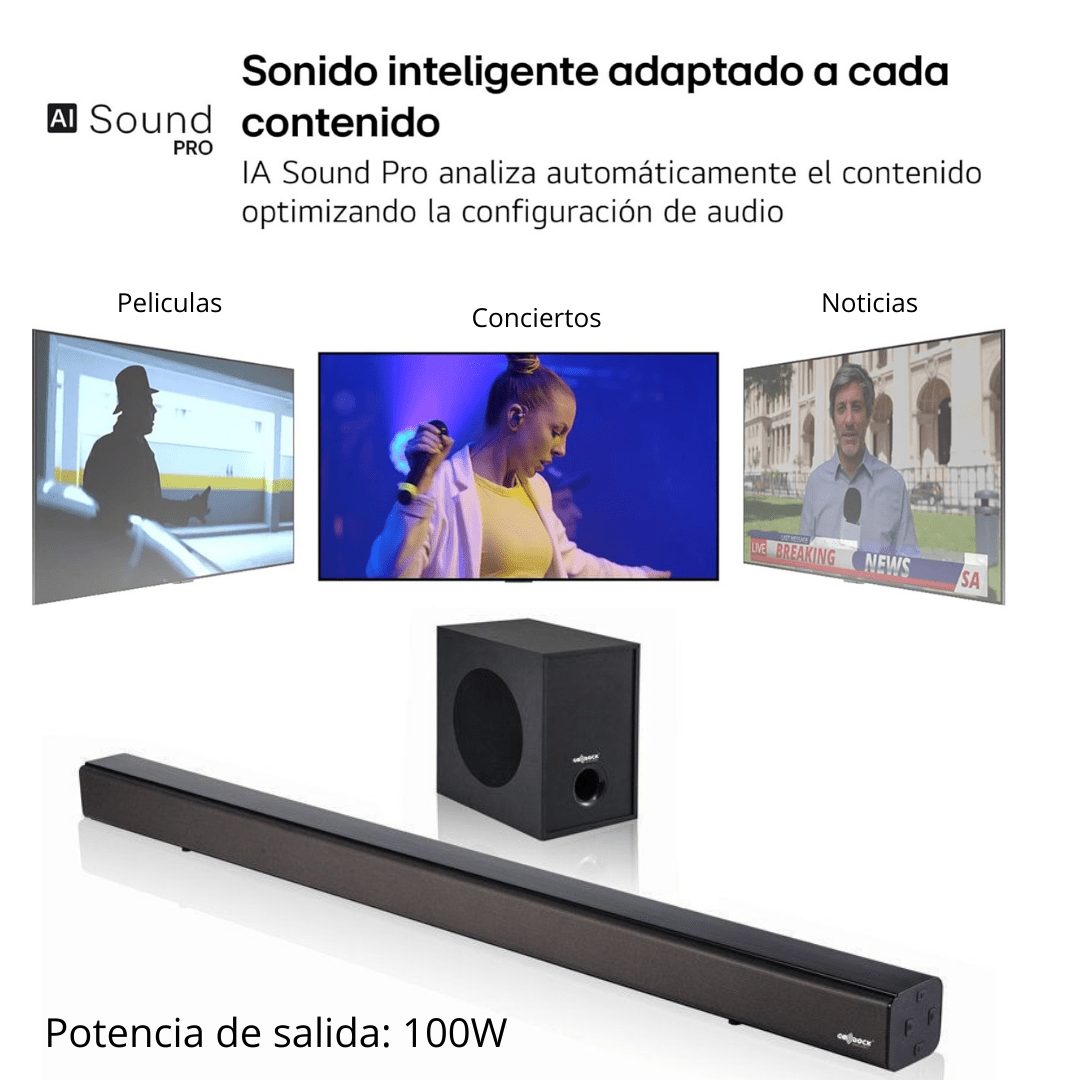 Barra de Sonido+Subwoofer Wireless 5.0 100W. Home Cinema - Marina Hogar