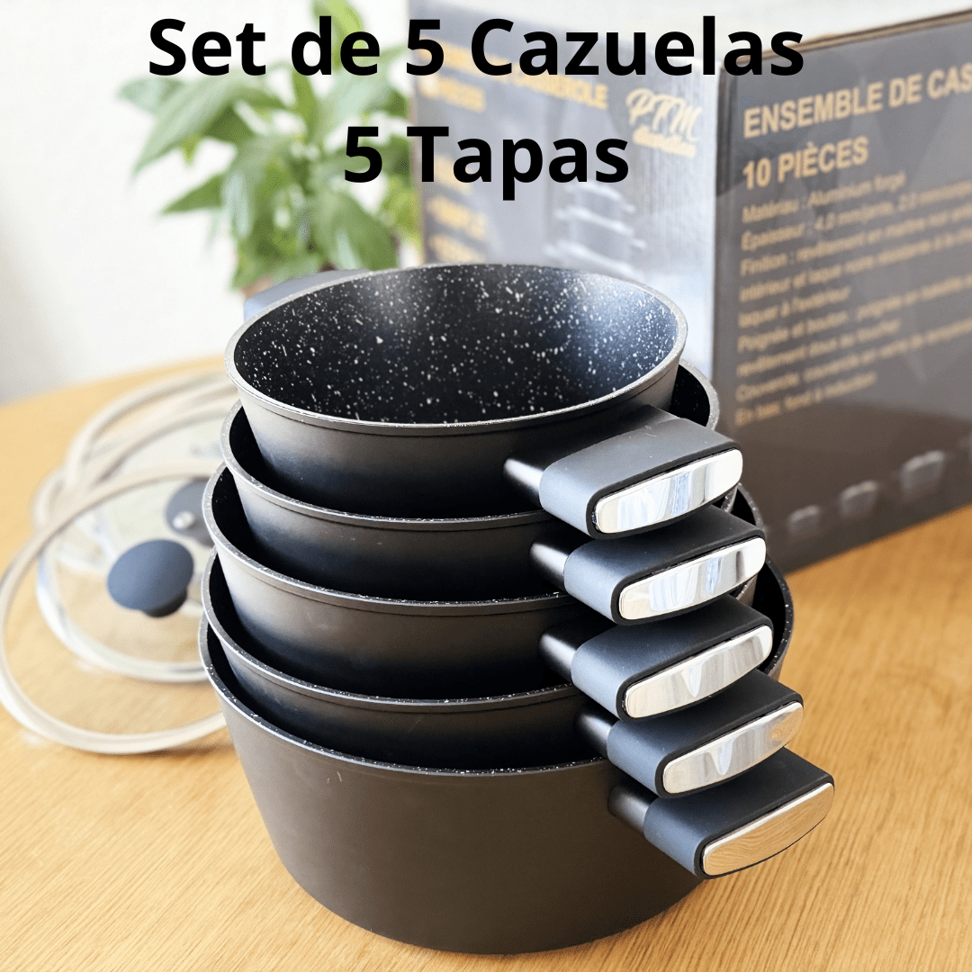 Batería de Cocina Inducción 10 Piezas – 5 Ollas y 5 Tapas – Antiadherente Titanio - Marina Hogar