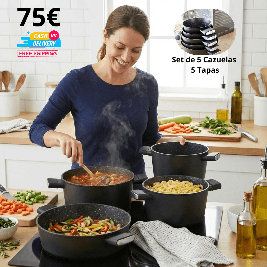 Batería de Cocina Inducción 10 Piezas – 5 Ollas y 5 Tapas – Antiadherente Titanio - Marina Hogar