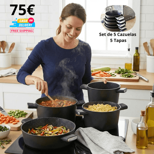 Batería de Cocina Inducción 10 Piezas – 5 Ollas y 5 Tapas – Antiadherente Titanio - Marina Hogar