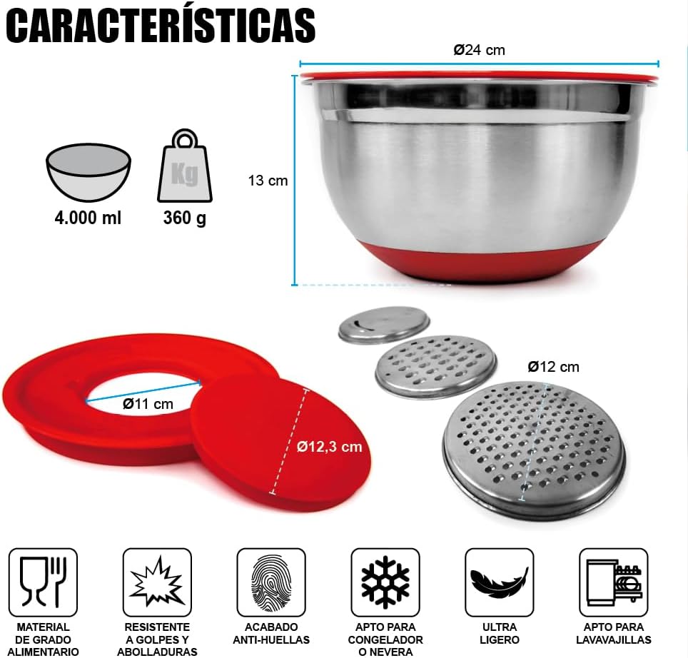Cuenco Antideslizante Con Tapa y 3 Ralladores Integrados, AKB - 3BL - Marina Hogar