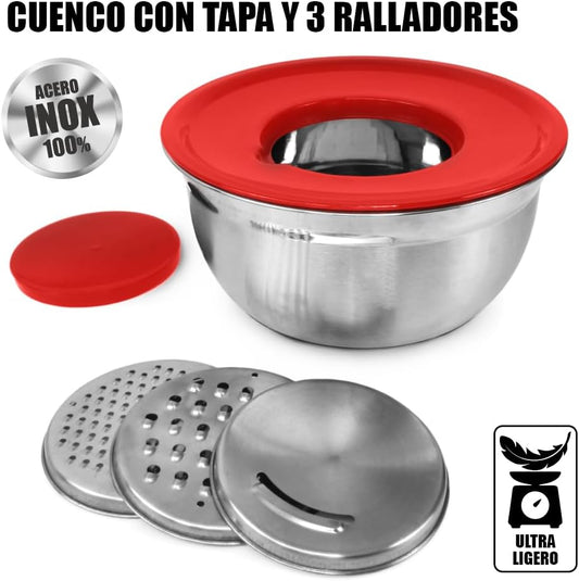 Cuenco Antideslizante Con Tapa y 3 Ralladores Integrados, AKB - 3BL - Marina Hogar