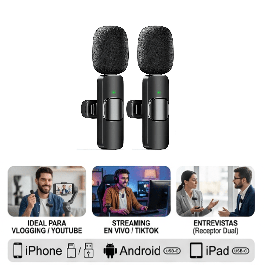 Micrófono Inalámbrico Lavalier Dual para iPhone y Android, Mini Micrófono de Solapa con USB - C - Marina Hogar
