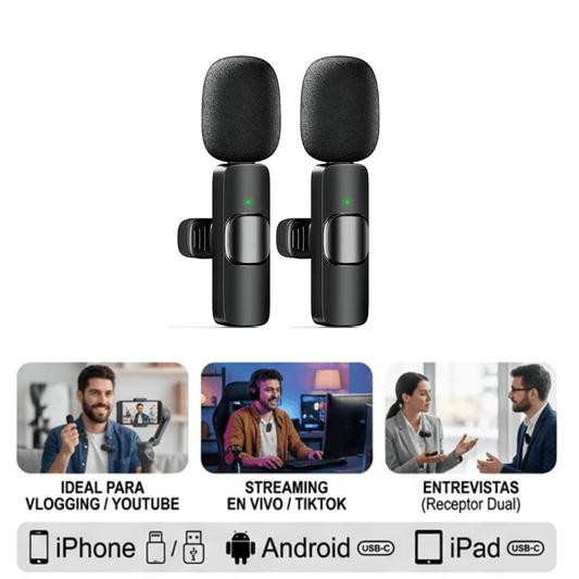 Micrófono Inalámbrico Lavalier Dual para iPhone y Android, Mini Micrófono de Solapa con USB - C - Marina Hogar