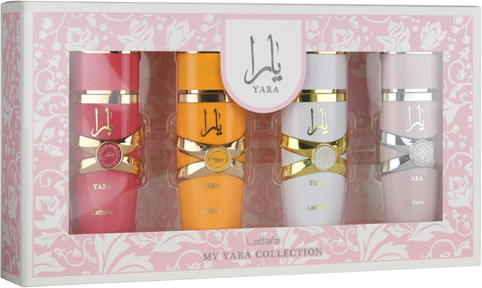 My Yara Collection, Set de Regalo Lattafa 4 Perfumes 25ml, Perfumes Árabes Femeninos, Yara, Candy, Tous, Moi – Fragancias Árabes Femeninas Frutales Florales Orientales (Yara set 4x25ml) - Marina Hogar