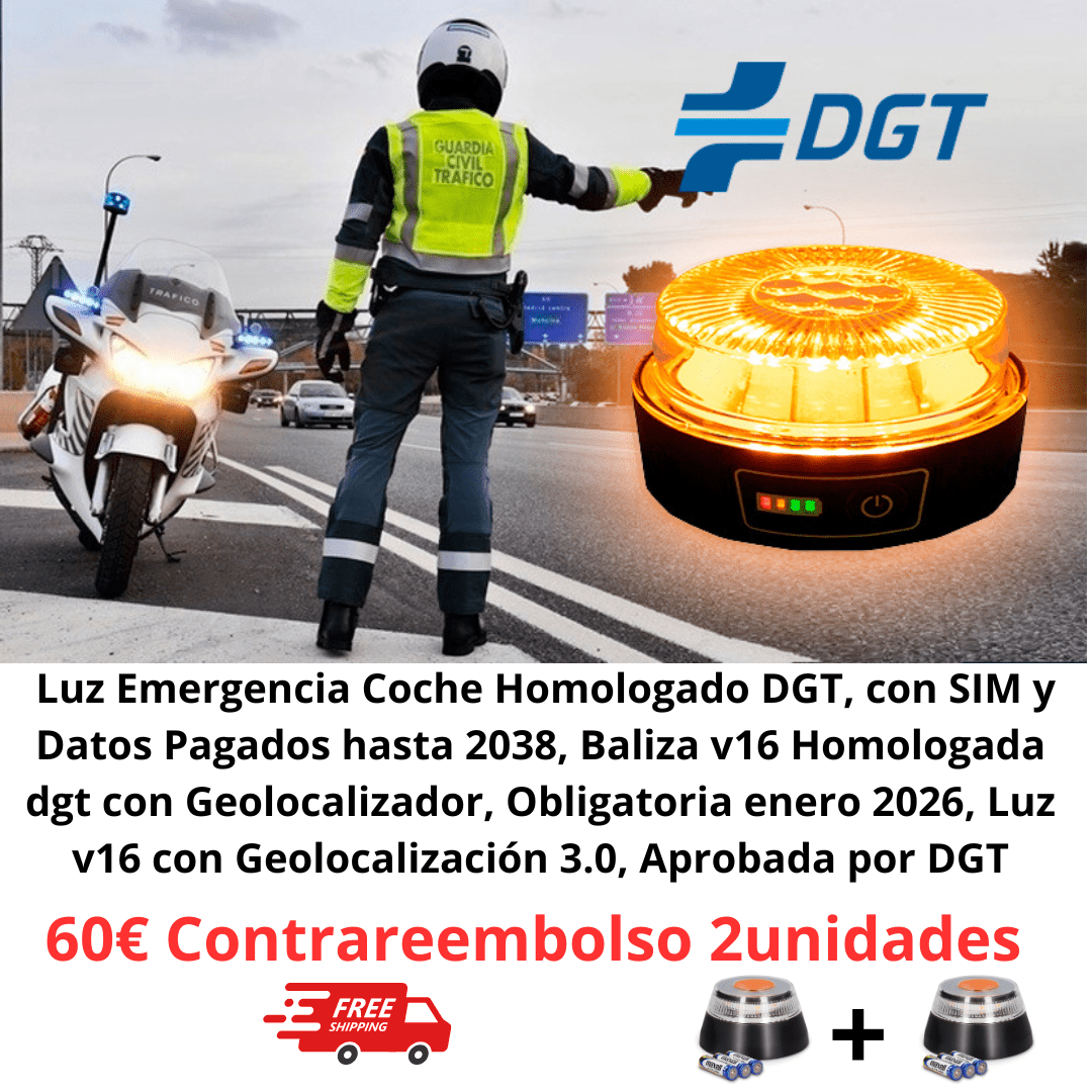Pack de 2 Baliza Luz Emergencia Coche Homologado DGT, con SIM y Datos Pagados hasta 2038, Baliza v16 Homologada dgt con Geolocalizador - Marina Hogar