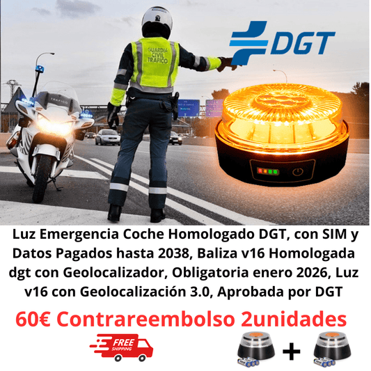 Pack de 2 Baliza Luz Emergencia Coche Homologado DGT, con SIM y Datos Pagados hasta 2038, Baliza v16 Homologada dgt con Geolocalizador - Marina Hogar