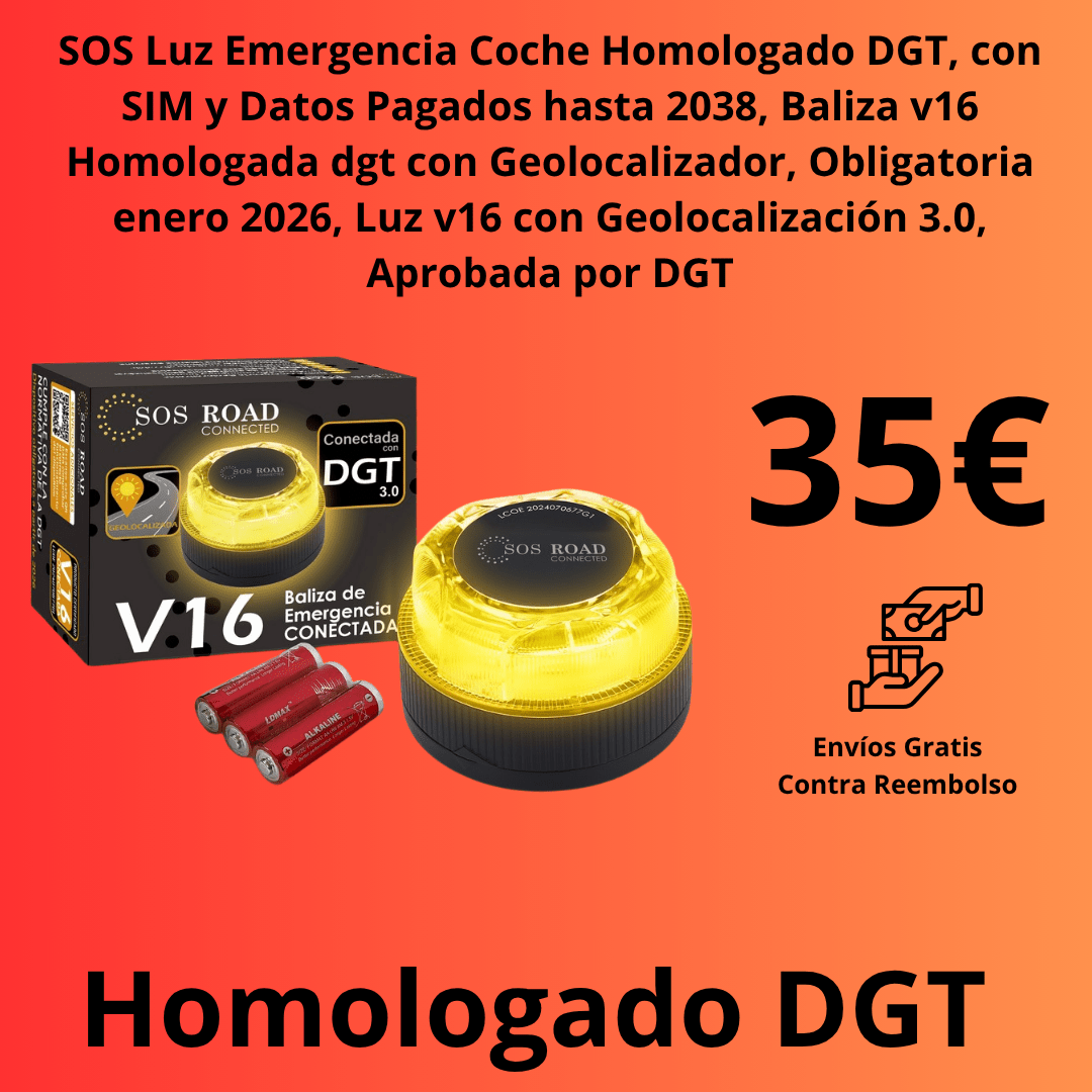 SOS Luz Emergencia Coche Homologado DGT, con SIM y Datos Pagados hasta 2038, Baliza v16 Homologada dgt con Geolocalizador - Marina Hogar