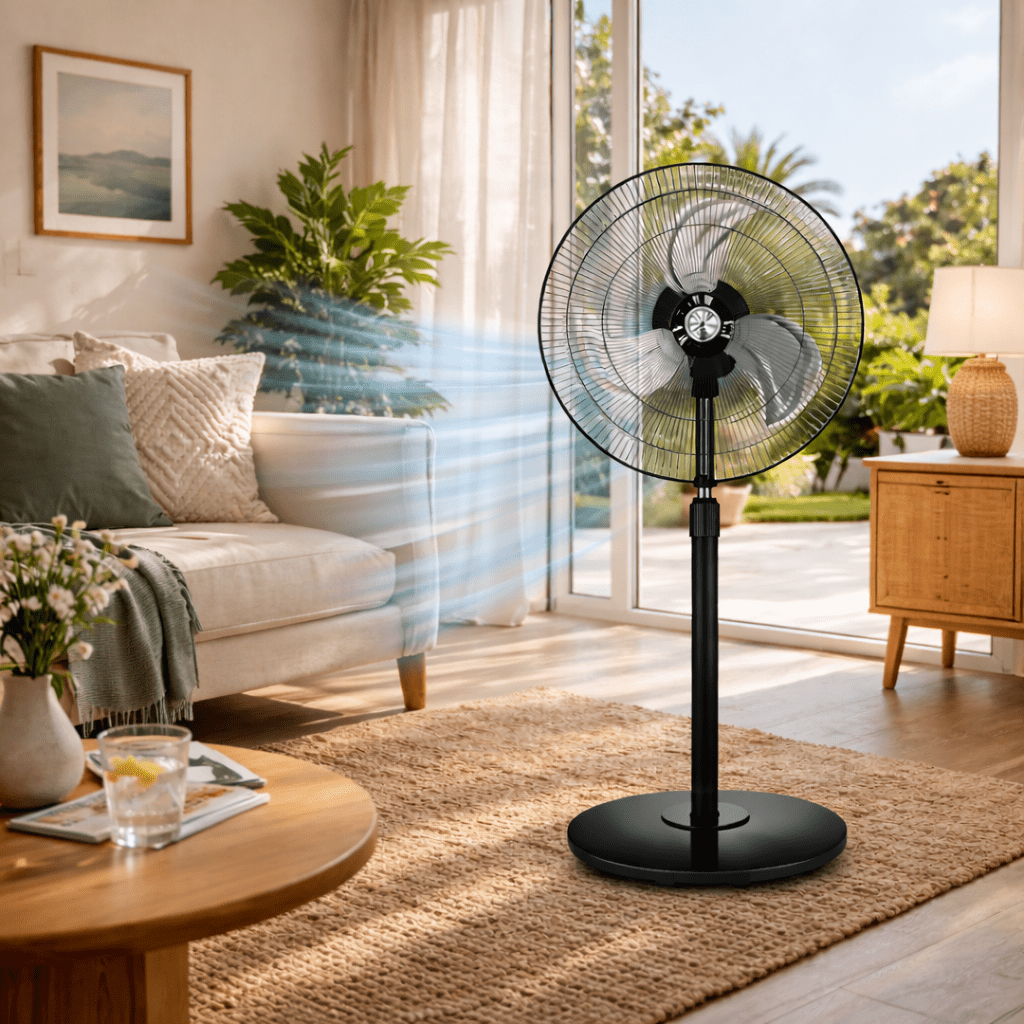 Ventilador de Pie Industrial OSO 80W Potente y Silencioso, 3 Velocidades, Altura Regulable 130 cm, Oscilante, Base Pesada Estable, 3 Aspas Resistentes - Marina Hogar