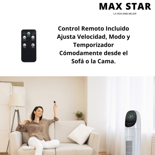 Ventilador de Torre Silencioso 86 cm con Pantalla LED, Temporizador Digital y Mando a Distancia | Oscilante, 3 Velocidades - Marina Hogar